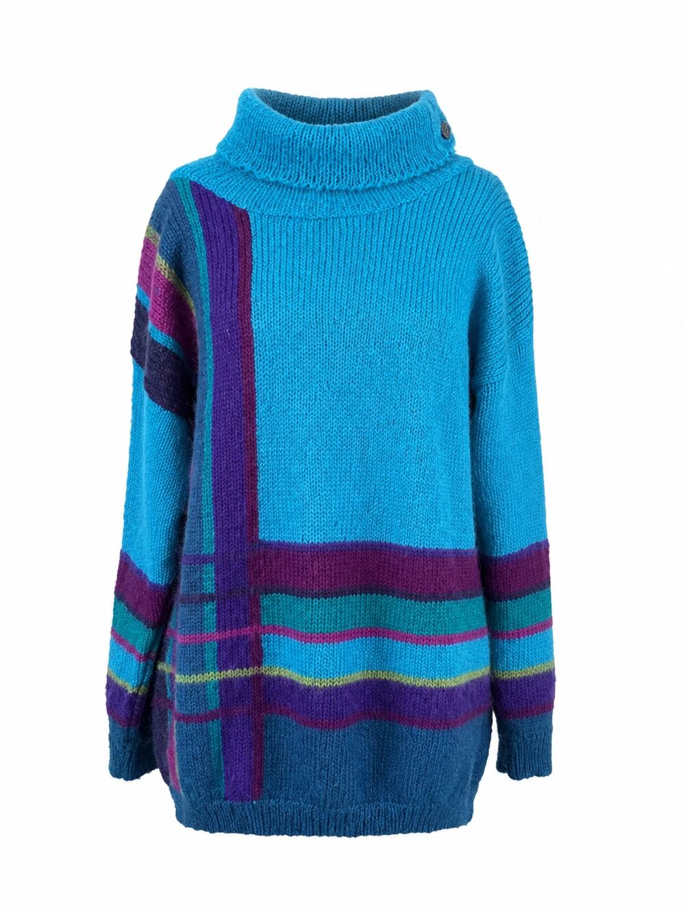 VTG 80s Le Moda Mohair Sweater L XL Teal Plaid Stripe Turtleneck Oversized